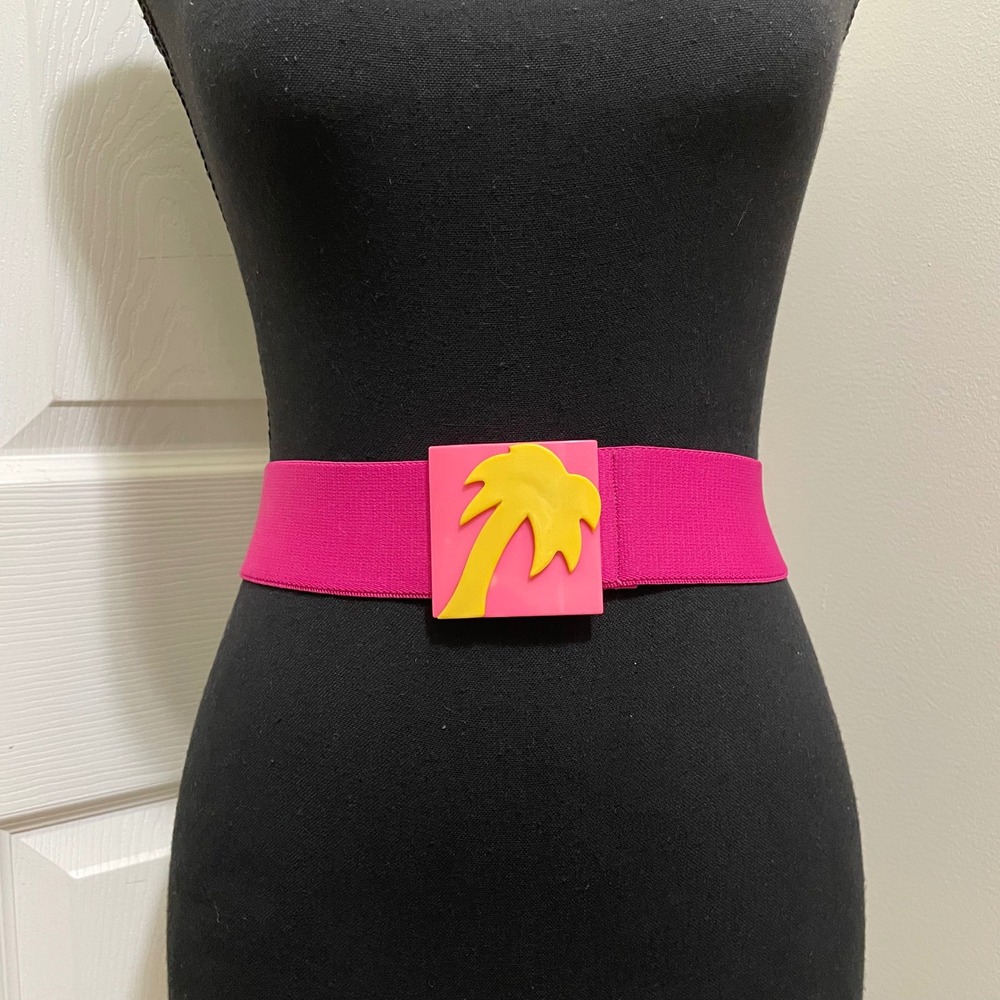 Vintage 80s Hot Pink Stretch Belt Palm Tree Buckle Malibu Barbie Vibe Barbiecore